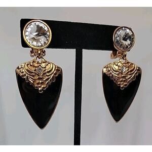 Bijoux Designs NY Signed Black Enamel Rivoli Rhinestones Dangle Clip On Earrings